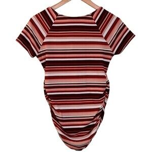 Full Moon MATERNITY Ruched Square V Neck Short Sleeve Striped Ribbed Shirt Small